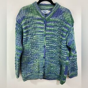 Vintage Hand Knit Cardigan Wool Blend Cable S Large Grandma Chunky Boho Heavy